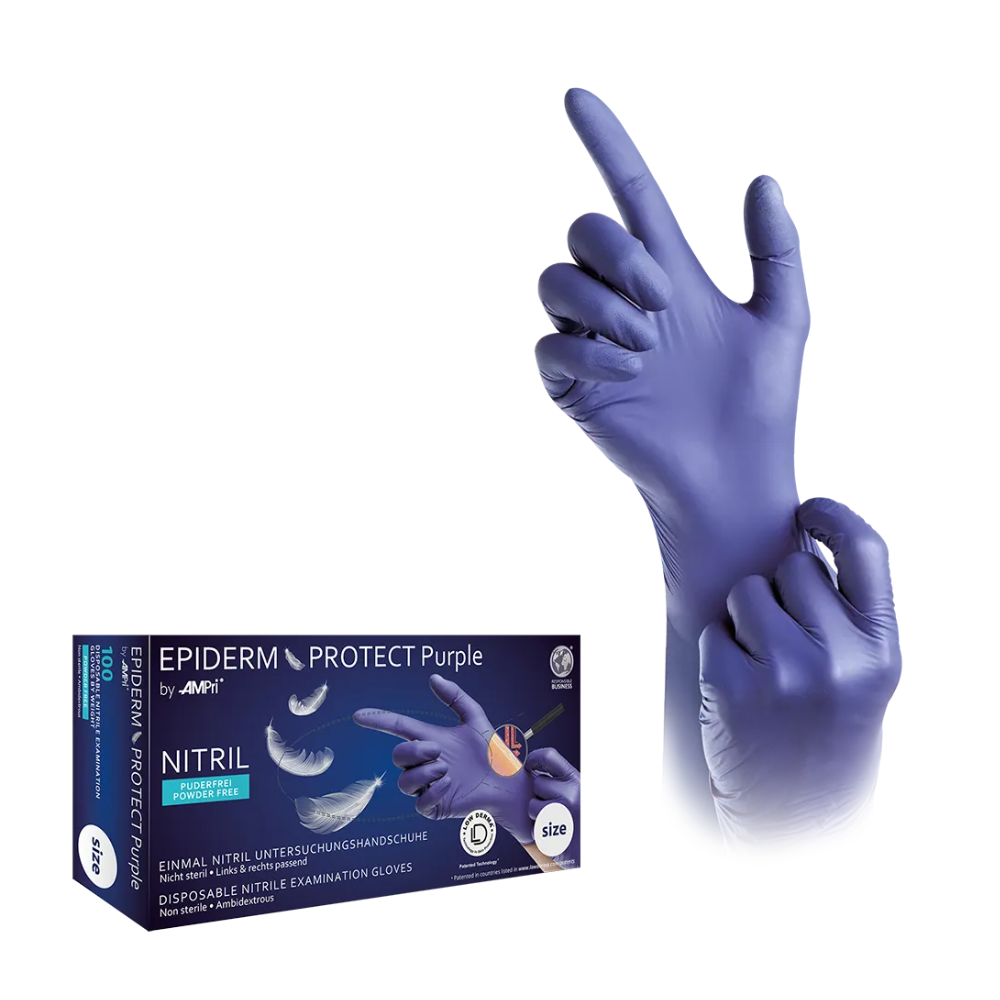 Abgebildet ist ein Paar Hände mit AMPri Epiderm Protect Purple Nitrilhandschuhen von MED-COMFORT in der Farbe Lila. Links ist ein Karton mit 100 Stück der gleichen Handschuhe abgebildet, beschriftet mit „AMPri Handelsgesellschaft mbH“. Das Etikett hebt Merkmale wie „puderfrei“ und „Unsteril – Beidhändig“ hervor.