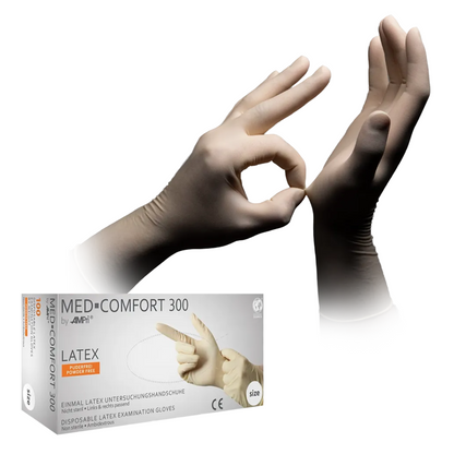 The image shows a box of AMPri MED-COMFORT 300 powder-free latex gloves, white from AMPri Handelsgesellschaft mbH. Above the box, two hands wearing these latex gloves are visible, with one hand showing an 'OK' gesture and the other hand open with fingers extended.