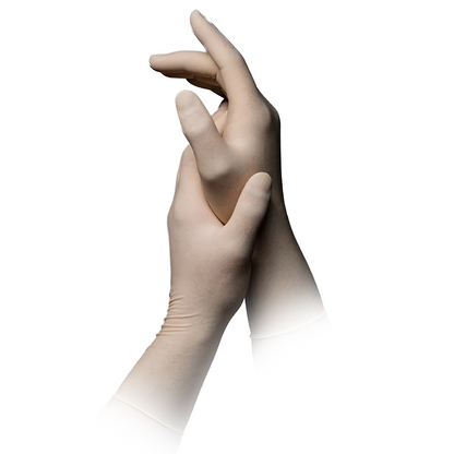A pair of hands wearing white AMPri MED-COMFORT 300 powder-free latex gloves from AMPri Handelsgesellschaft mbH, with the right hand placed over the left, against a plain white background. The gloves fully cover the hands and extend over the wrists.