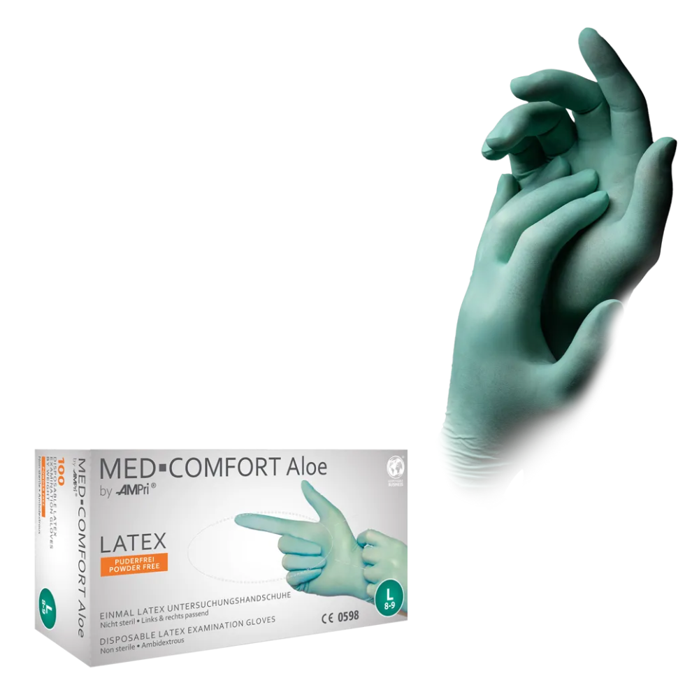 A mint-green pair of medical examination gloves holding each other. Below is a white box with the inscription "AMPri MED-COMFORT Aloe Latex Gloves powder-free" and additional product details. The box from AMPri Handelsgesellschaft mbH shows the image of a hand wearing the gloves.