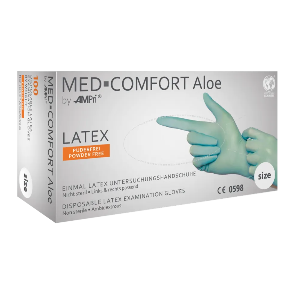 The image shows a box of AMPri MED-COMFORT Aloe Latex Gloves powder-free, mint green by AMPri Handelsgesellschaft mbH. These disposable examination gloves made of latex are non-sterile, powder-free, and suitable for both hands. The box shows a picture of gloved hands and indicates that they are suitable for single use. The box contains 100 gloves.