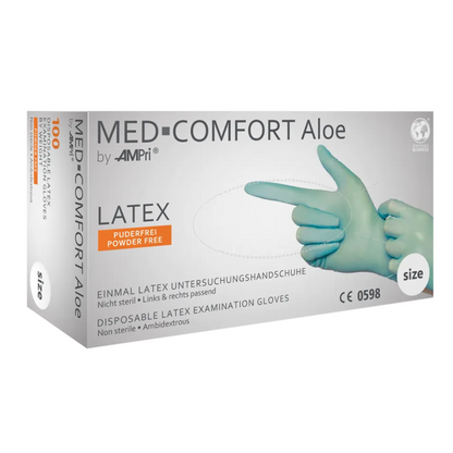 The image shows a box of AMPri MED-COMFORT Aloe Latex Gloves powder-free, mint green by AMPri Handelsgesellschaft mbH. These disposable examination gloves made of latex are non-sterile, powder-free, and suitable for both hands. The box shows a picture of gloved hands and indicates that they are suitable for single use. The box contains 100 gloves.