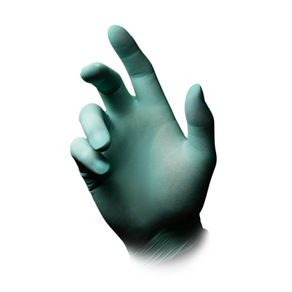 A hand with an AMPri MED-COMFORT Aloe Latex Glove powder-free, mint green from AMPri Handelsgesellschaft mbH is depicted against a white background. The palm is facing left and the fingers are slightly bent.