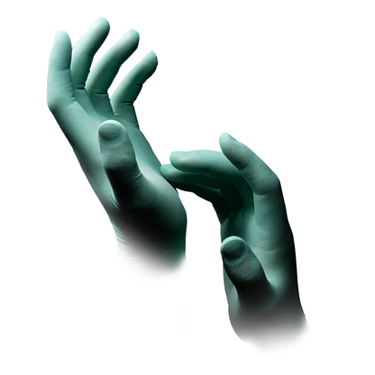 Photo of two hands wearing blue-green AMPri MED-COMFORT Aloe Latex Gloves powder-free, mint green, box (100 pieces) from AMPri Handelsgesellschaft mbH. The hands are positioned against a plain white background, with one hand in the foreground and the other standing out behind it. The fingers of both hands are slightly bent and relaxed.