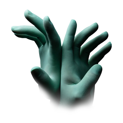 Three hands with mint-green AMPri MED-COMFORT Aloe Latex Gloves powder-free from AMPri Handelsgesellschaft mbH lie close together against a white background. The gloves are powder-free, ensuring a clean and comfortable wearing experience.