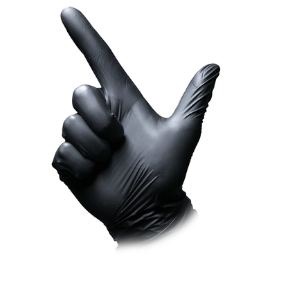 A hand wearing an AMPri MED-COMFORT BLACK nitrile glove from AMPri Handelsgesellschaft mbH is depicted against a white background. The hand is positioned with the index finger pointing upward and the thumb extended sideways, forming an "L."