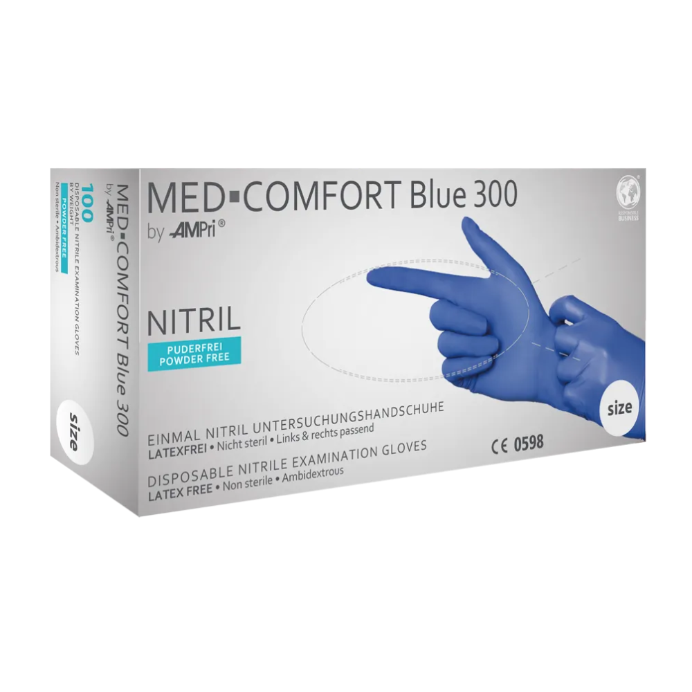 A white box with the brand "AMPri Handelsgesellschaft mbH" and the inscription "AMPri MED-COMFORT BLUE 300 nitrile gloves extra long powder-free, blue | Box (100 pieces)" contains 100 disposable examination gloves made of nitrile. These gloves are powder-free, latex-free, non-sterile, and suitable for both hands. On the box, there is an image of a blue glove and product information.