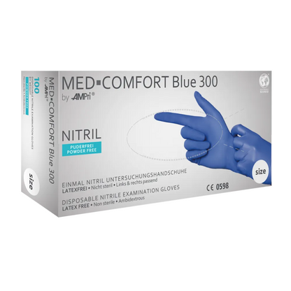 A white box with the brand "AMPri Handelsgesellschaft mbH" and the inscription "AMPri MED-COMFORT BLUE 300 nitrile gloves extra long powder-free, blue | Box (100 pieces)" contains 100 disposable examination gloves made of nitrile. These gloves are powder-free, latex-free, non-sterile, and suitable for both hands. On the box, there is an image of a blue glove and product information.