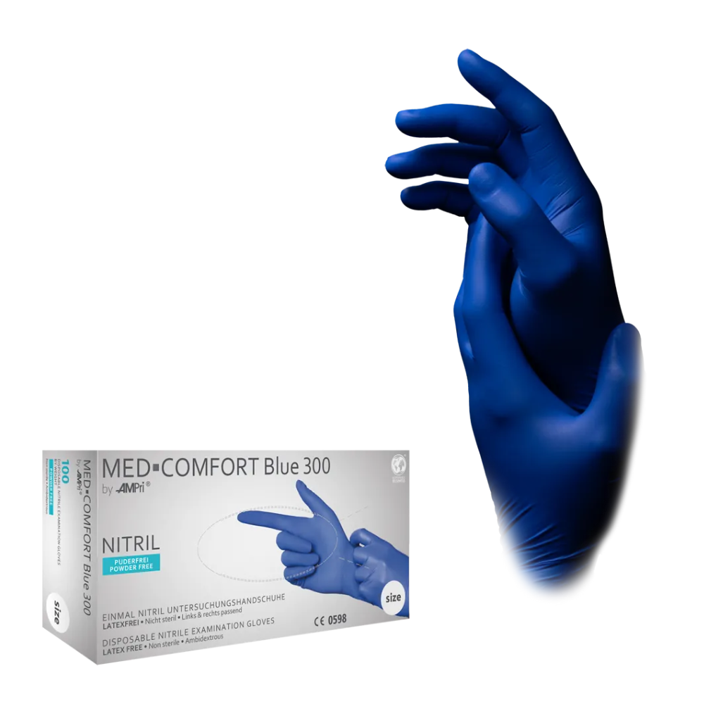 A box of AMPri MED-COMFORT BLUE 300 nitrile gloves extra long powder-free, blue by AMPri Handelsgesellschaft mbH is displayed next to an image of two hands with blue nitrile gloves. The box has text indicating that the gloves are latex-free and powder-free.