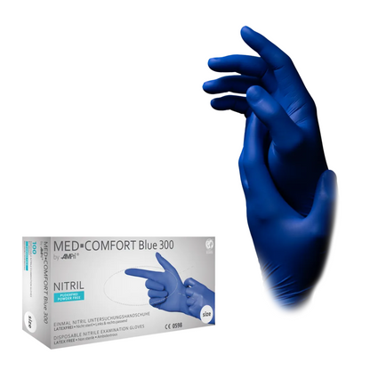 A box of AMPri MED-COMFORT BLUE 300 nitrile gloves extra long powder-free, blue by AMPri Handelsgesellschaft mbH is displayed next to an image of two hands with blue nitrile gloves. The box has text indicating that the gloves are latex-free and powder-free.