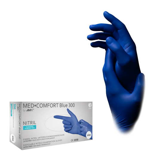 Eine Schachtel AMPri MED-COMFORT BLUE 300 Nitrilhandschuhe extra Lang puderfrei, blau von AMPri Handelsgesellschaft mbH wird neben einem Bild von zwei Händen mit blauen Nitrilhandschuhen ausgestellt. Auf der Schachtel steht ein Text, der darauf hinweist, dass die Handschuhe latexfrei und puderfrei sind.