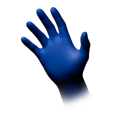 A hand with an extra-long and powder-free nitrile glove AMPri MED-COMFORT BLUE 300 with splayed fingers against a white background.