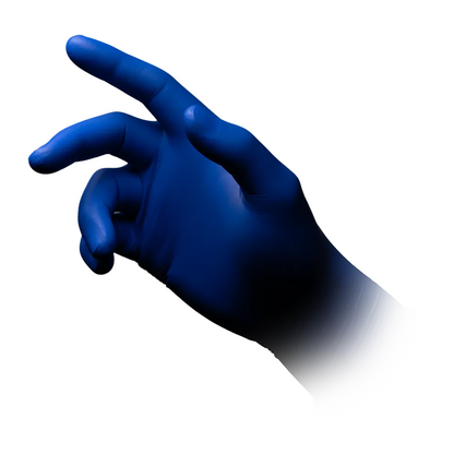 A left hand is wearing a blue, snug-fitting glove AMPri MED-COMFORT BLUE 300 nitrile gloves extra long powder-free by AMPri Handelsgesellschaft mbH, with an extended index finger and slightly curved other fingers against a white background. The glove is lighter in the wrist area.