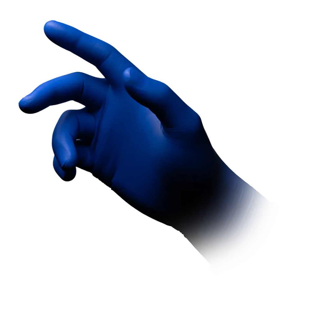 A hand with a dark blue glove AMPri MED-COMFORT BLUE 300 nitrile gloves extra long powder-free, blue by AMPri Handelsgesellschaft mbH is depicted against a white background. The fingers are slightly curved, with the index finger more extended than the others. The wrist area seems to recede into the background.
