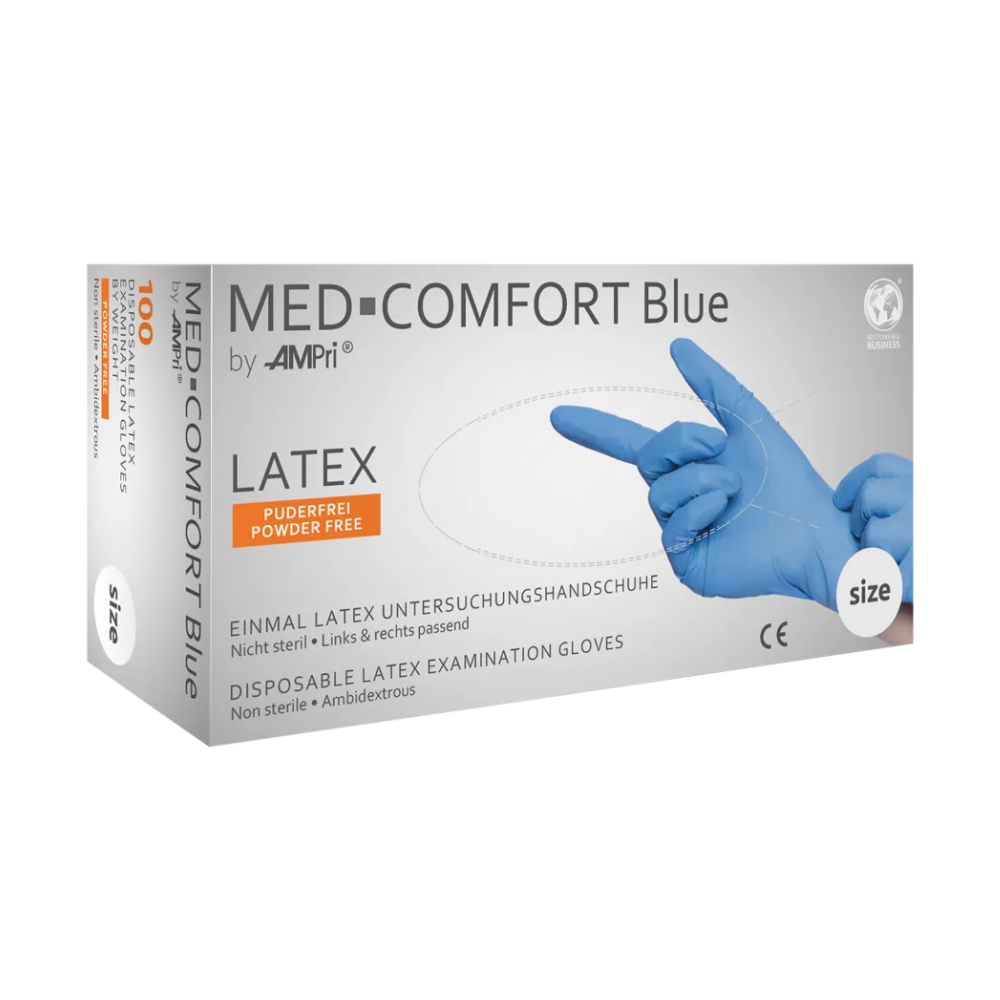 A box of AMPri MED-COMFORT BLUE powder-free latex gloves, manufactured by AMPri Handelsgesellschaft mbH. The box is marked as disposable, non-sterile, and ambidextrous. The image on the box shows a hand wearing a blue latex glove pointing forward. Ideal for food processing, size and quantity (100 pieces) are indicated.