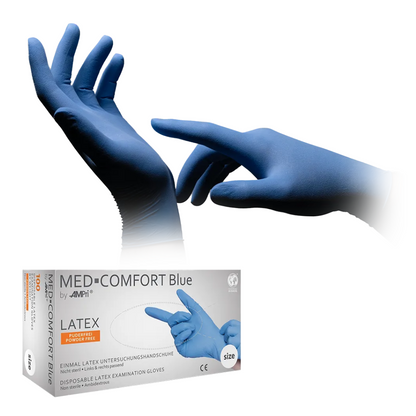 A box of AMPri MED-COMFORT BLUE powder-free latex gloves, blue | Box (100 pieces) is depicted. Above the box, two hands with blue latex gloves are shown, with one hand adjusting the glove on the other. The box displays product details and a CE mark of AMPri Handelsgesellschaft mbH, ideal for food processing.