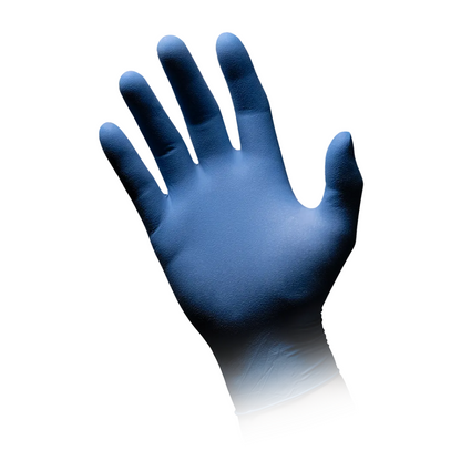 An AMPri MED-COMFORT BLUE latex glove by AMPri Handelsgesellschaft mbH is depicted against a white background. The glove, ideal for food processing, is shown with the palm facing the viewer and fingers extended. The wrist area of the powder-free glove is slightly faded.