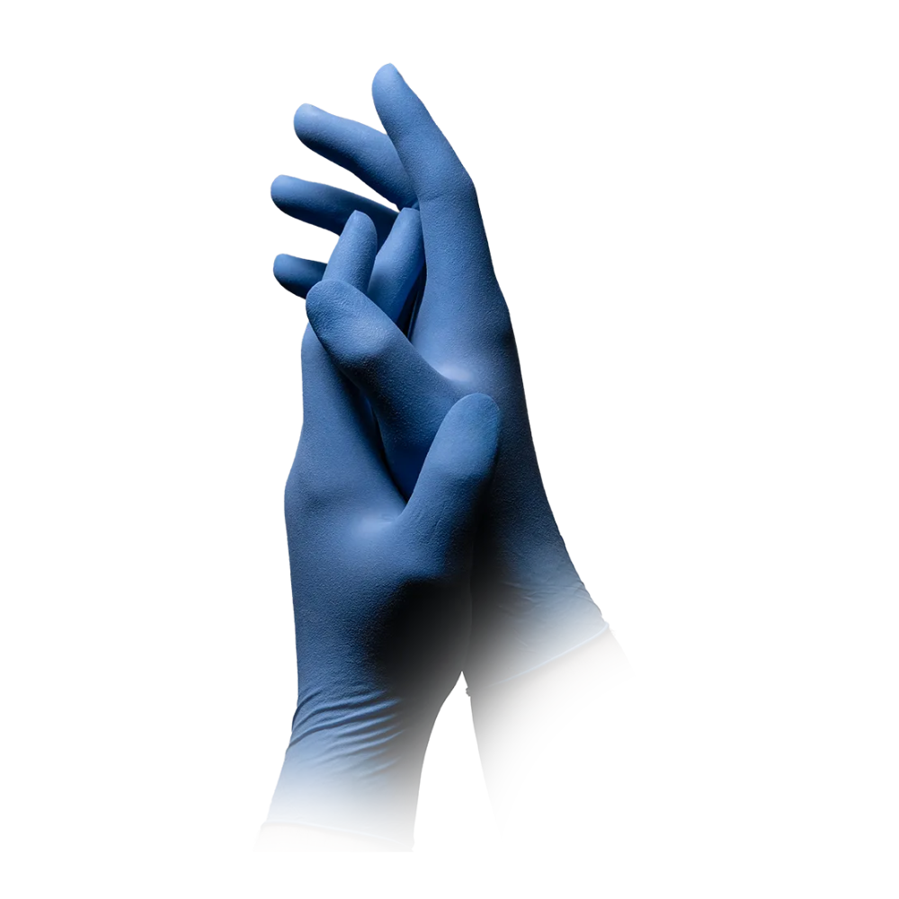 Two hands with AMPri MED-COMFORT BLUE powder-free latex gloves, blue from AMPri Handelsgesellschaft mbH are depicted against a white background. The right hand is placed over the left hand, with fingers slightly overlapping. The gloves appear clean and wrinkle-free, indicating a new or unused condition, and their powder-free nature makes them ideal for food processing.