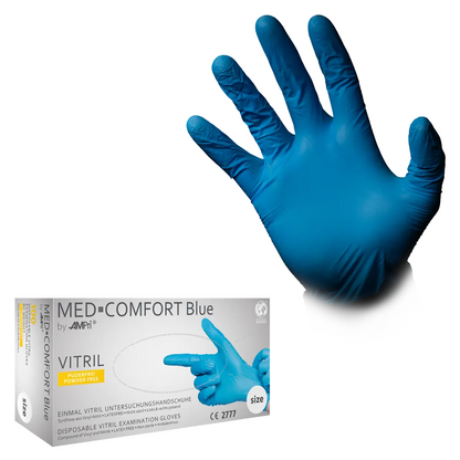 A blue nitrile disposable glove stands upright next to a box of AMPri MED-COMFORT BLUE Vitrile gloves powder-free, Blue by AMPri Handelsgesellschaft mbH. A text on the box indicates that the gloves are examination gloves, powder-free, for single use, and suitable for use in the food industry.