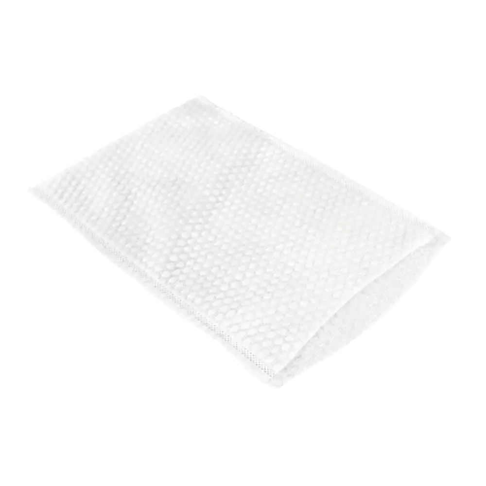 The AMPri MED-COMFORT disposable wash glove is a rectangular white mesh sponge with a honeycomb pattern on a plain white background. It was designed by AMPri Handelsgesellschaft mbH for hygienic applications and features a double-layer design and visible edge seams.