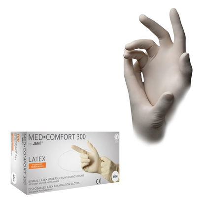 A box of AMPri MED-COMFORT powder-free latex gloves, white (100 pieces) is shown next to a hand wearing one of the gloves and making an 'OK' gesture. These powder-free gloves by AMPri Handelsgesellschaft mbH ensure hygienic work.