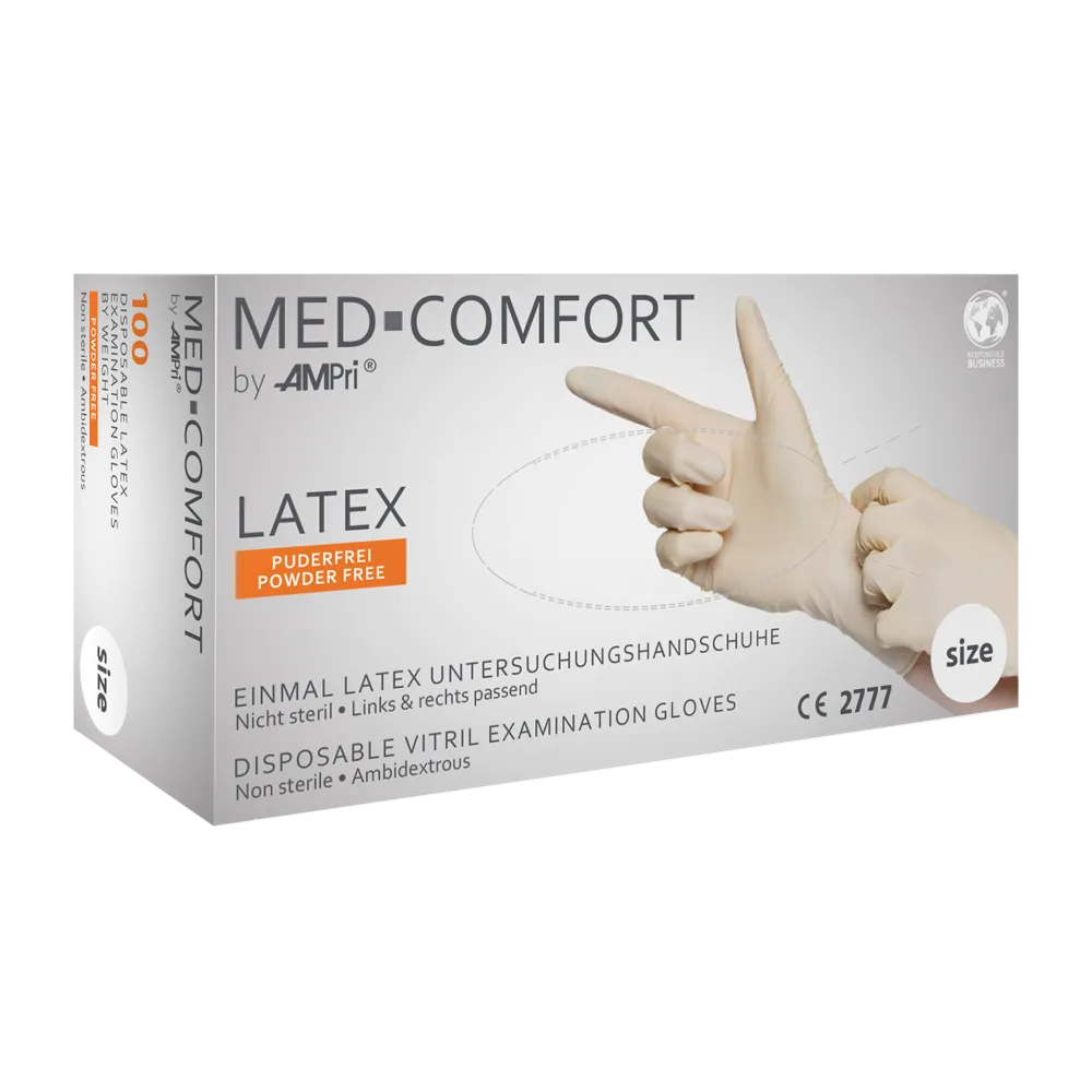 Schachtel AMPri MED-COMFORT Latexhandschuhe puderfrei, weiß (100 Stück) von AMPri Handelsgesellschaft mbH. Diese unsterilen und beidhändig tragbaren Handschuhe eignen sich perfekt für hygienisches Arbeiten. Die weiße Schachtel mit blau-grauem Text zeigt eine Hand, die einen Handschuh trägt, und die Größe ist auf der Seite angegeben.