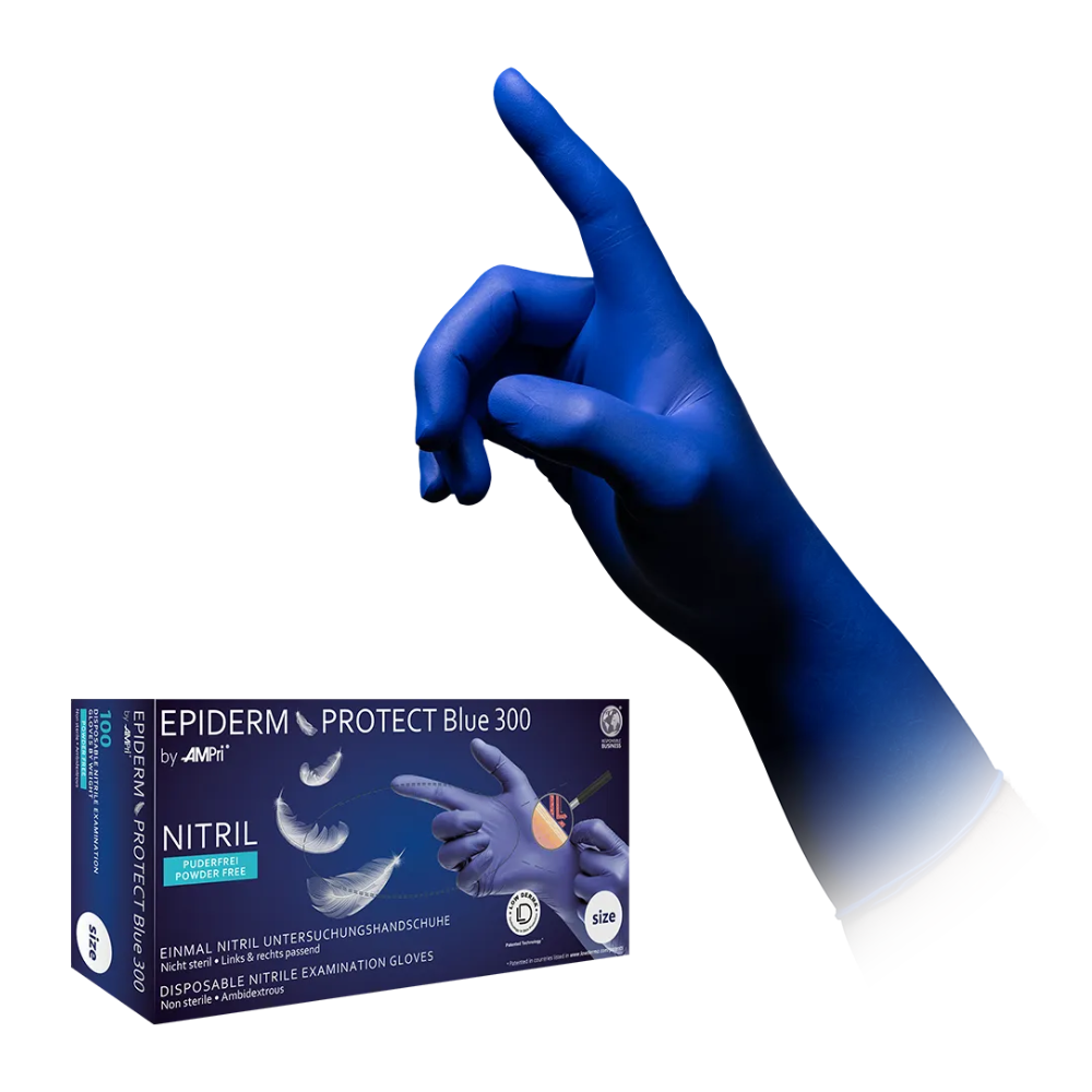 Eine erhobene, blau behandschuhte Hand zeigt nach oben, der Ärmel ist teilweise sichtbar. Links daneben steht eine Schachtel mit der Aufschrift „AMPri MED-COMFORT Nitrilhandschuhe Epiderm Protect Blue 300“, die 100 Stück lebensmittelechte Nitril-Untersuchungshandschuhe enthält. Die Schachtel ist in Blau gehalten und enthält Produktinformationen in Deutsch und Englisch.