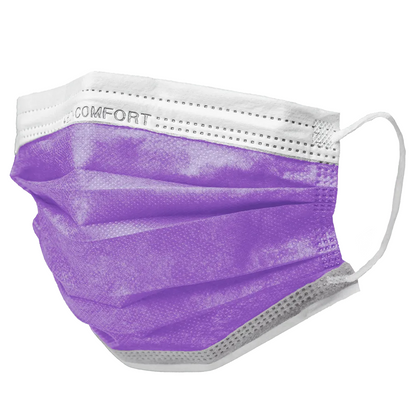 A disposable face mask by AMPri Handelsgesellschaft mbH with the brand AMPri MED-COMFORT surgical mask Type IIR with a purple front and white elastic ear loops. The word 'COMFORT' is visible at the top edge of the mask. This mask meets EN 14683 standards, has three pleats, and a white inner lining for optimal mouth-nose protection. It is available in a box of 50 pieces.