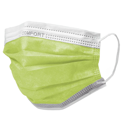 A light green AMPri MED-COMFORT surgical mask Type IIR face mask with white ear loops and a white top band with the inscription 'COMFORT'. The mask features pleated layers and a streamlined design typical for surgical or medical mouth-nose protection disposable products. It is available in various colors and is delivered in a box of 50 pieces by AMPri Handelsgesellschaft mbH.