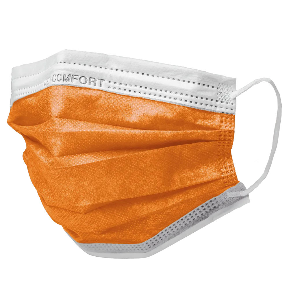 Depicted is an orange disposable mouth protection mask with white edges and ear loops. The AMPri MED-COMFORT surgical mask Type IIR, available in various colors, features pleated layers and a label on the white top edge with the inscription 'ICU COMFORT'. This disposable product by AMPri Handelsgesellschaft mbH offers reliable mouth-nose protection for everyday use.