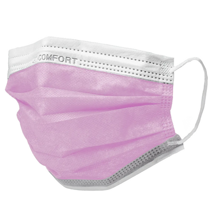 The AMPri MED-COMFORT surgical mask Type IIR by AMPri Handelsgesellschaft mbH is a disposable face mask that combines white and pink fabric. It has ear loops on both sides and bears the word 'COMFORT' at the top edge. This lightweight, breathable mouth-nose protection is designed for comfortable use as a disposable product and is available in a box of 50 masks.