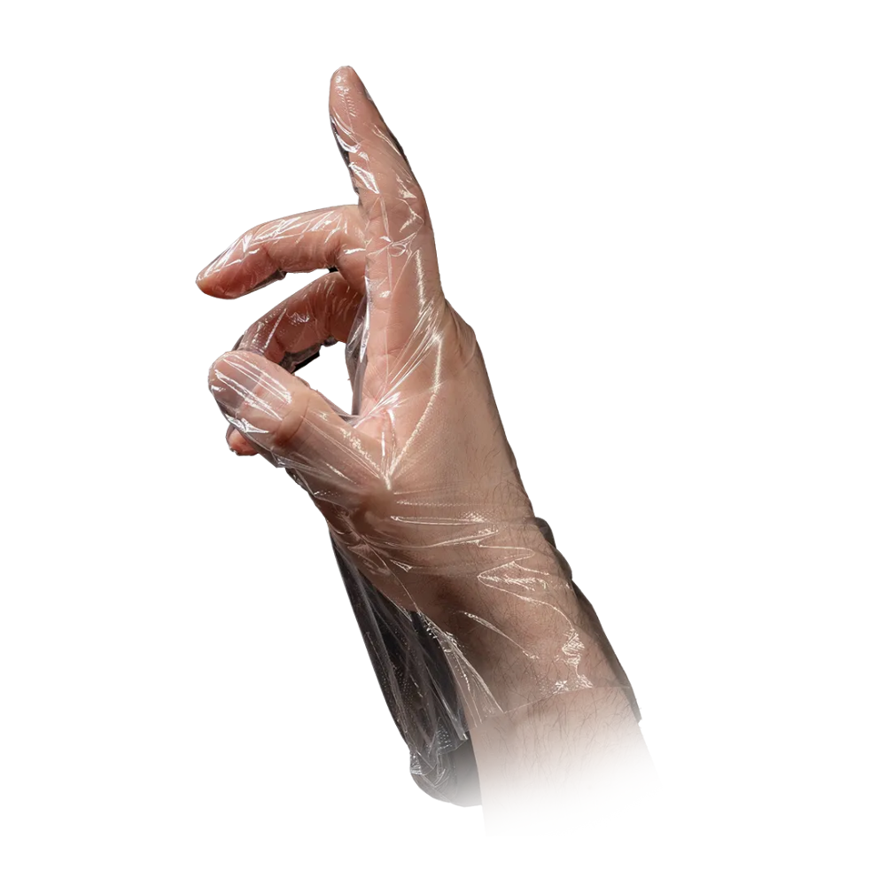A hand with an AMPri MED-COMFORT PE glove hammered, transparent from AMPri Handelsgesellschaft mbH is depicted against a white background. The thumb and index finger form an "OK" gesture, with the other fingers slightly bent, making this gesture perfect for use in the food industry.