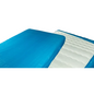 Close-up of a blue and white gel mattress topper, resembling the AMPri MED-COMFORT PE disposable mattress protector with elastic band 210 x 90 x 20 cm by AMPri Handelsgesellschaft mbH. The blue part covers the largest part of the top surface, while the white part has a wavy texture. The image shows a folded back part, similar to polyethylene hospital protectors.