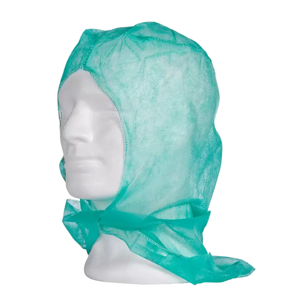 A mannequin head presents a lightweight disposable protective hood made of polypropylene in blue-green, covering the head, neck, and shoulders. Known as the AMPri MED-COMFORT PP astronaut hood by AMPri Handelsgesellschaft mbH, this thin and translucent material is perfect for hygienic work environments.