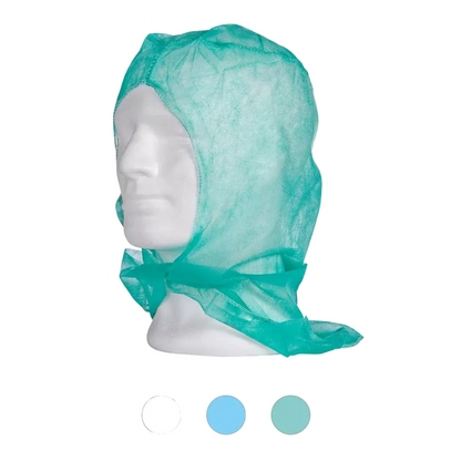 A mannequin head wears a blue-green AMPri MED-COMFORT PP astronaut hood by AMPri Handelsgesellschaft mbH, featuring neck and shoulder protection made of lightweight polypropylene non-woven fabric. Below the display are three color samples: white, light blue, and blue-green – perfect for hygienic work environments.