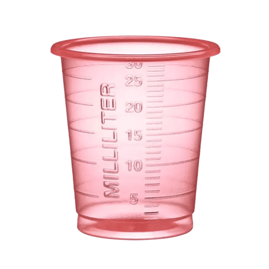 The AMPri MED-COMFORT PP Eco Disposable Medicine Cup, 30 ml, from AMPri Handelsgesellschaft mbH is a transparent pink cup made of durable polypropylene. It features precise milliliter markings from 5 to 30 for accurate dosing.
