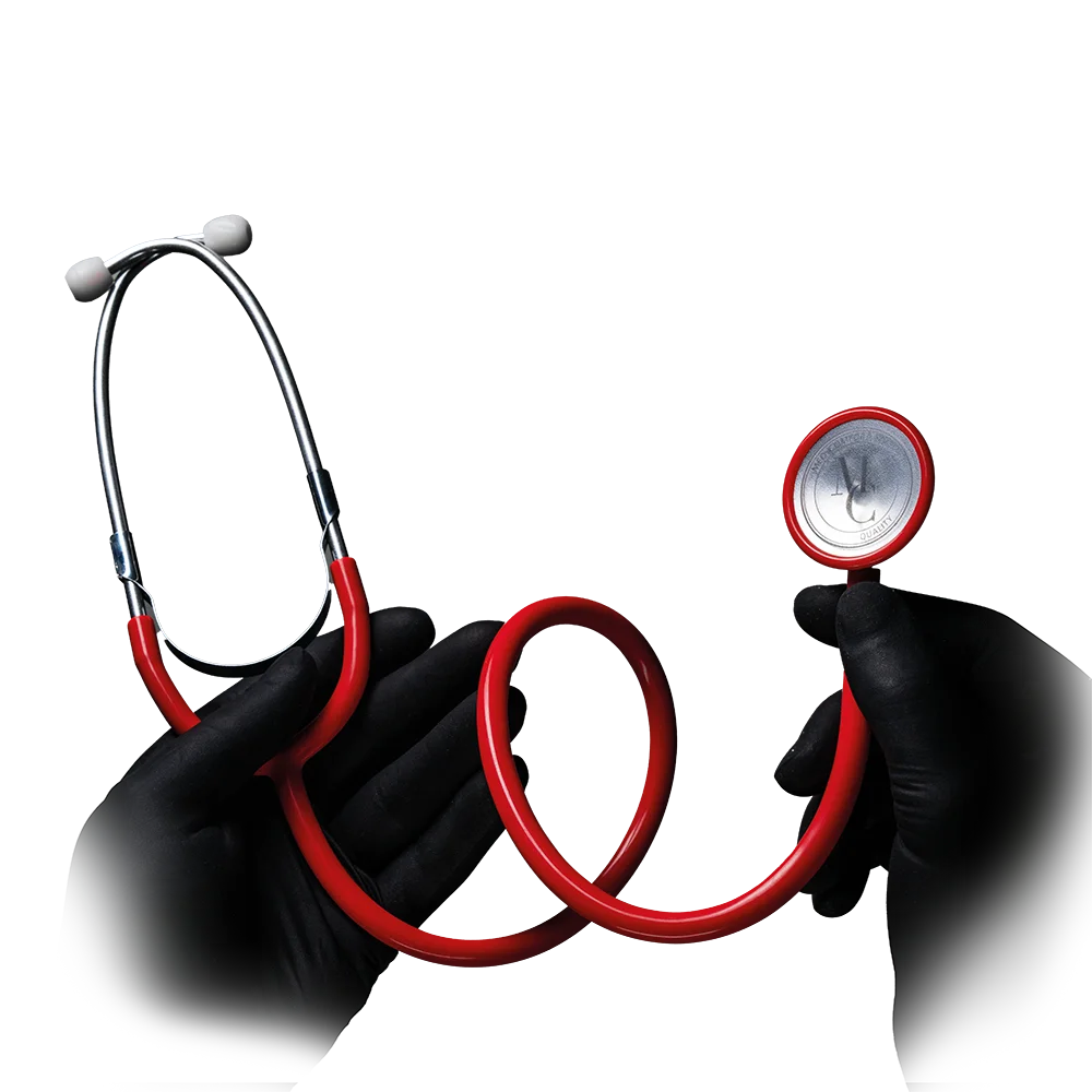 A person with black gloves holds a red AMPri MED-COMFORT PVC flathead stethoscope, whose spiral tube is presumably made of polyvinyl chloride. The ear tips are visible at one end and the diaphragm at the other, against a white background – ideal for use in hospitals.