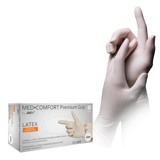 Abgebildet ist eine Schachtel AMPri MED-COMFORT Premium Grip Latexhandschuhe, weiß von AMPri Handelsgesellschaft mbH (100 Stück). Neben der Schachtel ist ein Paar behandschuhter Hände abgebildet, wobei eine Hand die andere leicht überlappt. Die Schachtel enthält Produktdetails und die Größe ist mit „6“ angegeben. Diese puderfreien Handschuhe sind ideal für den professionellen Einsatz.