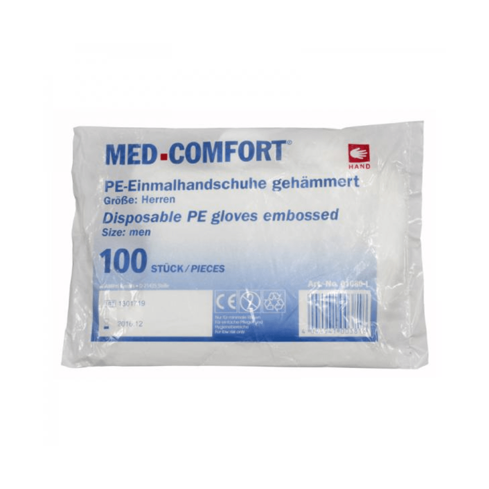 A pack of MED-COMFORT PE gloves hammered by AMPri Handelsgesellschaft mbH, available in men's size L, contains 100 pieces. The packaging is labeled in both German and English, making these disposable gloves ideal for use in the food industry.