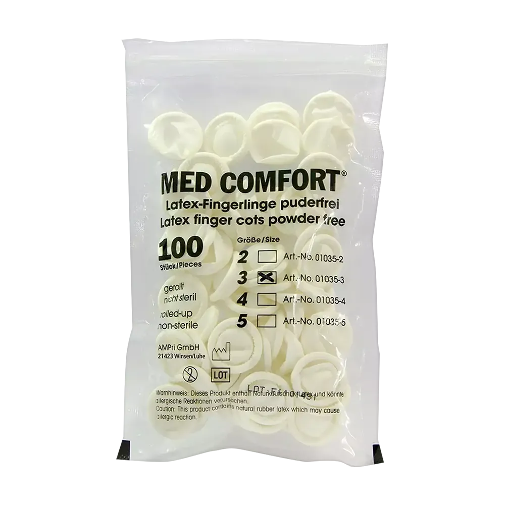 In a transparent plastic bag labeled "AMPri MED-COMFORT Latex Finger Cots, various sizes" are 100 latex finger cots from AMPri Handelsgesellschaft mbH. The packaging is powder-free and non-sterile, with sizes 2, 3, and 4 indicated on the bag. These high-quality finger cots are suitable for use in industrial and food sectors.