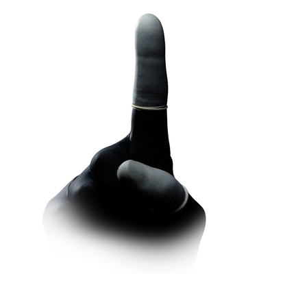 A black and white image of a hand making an upward-pointing gesture with an extended index finger. The hand appears to wear a thin, light ring on the middle finger, indicating AMPri MED-COMFORT Latex Finger Cots available in various sizes. The background is white and the lower part of the image fades into white, creating a gradient effect. The product is from AMPri Handelsgesellschaft mbH and comes in a pack of 100 pieces.