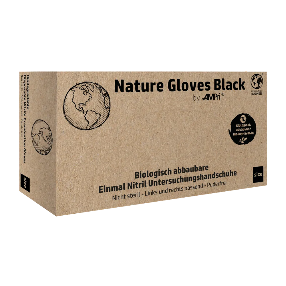 A box labeled „AMPri Nature Gloves BLACK Nitrile Gloves Biodegradable“ from AMPri Handelsgesellschaft mbH is displayed. It contains images of a globe and a logo for biodegradability. The German text on the box describes these black biodegradable nitrile gloves and highlights their high resistance to chemicals and biological protection.