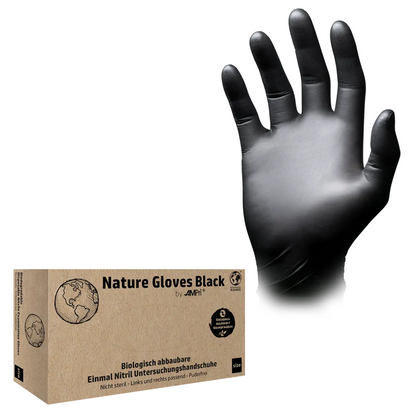 Next to the packaging „AMPri Nature Gloves BLACK“, a black disposable glove is shown, showcasing its biodegradable nitrile material. These biodegradable nitrile gloves are powder-free, offer high resistance, and are suitable for both hands.