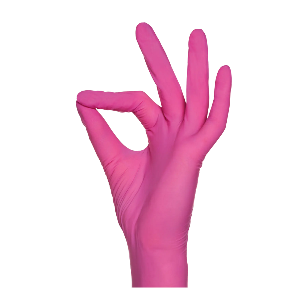 A hand with AMPri nitrile gloves in pink, powder-free from AMPri Handelsgesellschaft mbH makes the "OK" gesture. The thumb and index finger touch to form a circle, while the other three fingers are extended upwards against a white background.