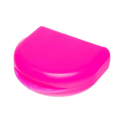 A pink, semi-circular polypropylene container with a smooth, shiny surface is presumably designed as an AMPri PP Dental mouthguard box for adults. This container from AMPri Handelsgesellschaft mbH has rounded edges and is used for storing small parts or accessories. It measures 65 x 58 x 20 cm and is available in various colors.