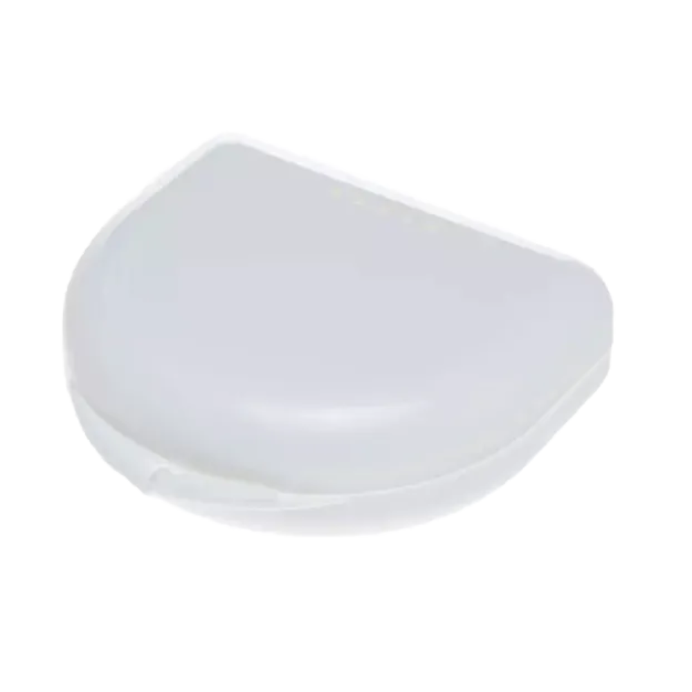 Against a plain white background, the closed, white, semi-circular plastic container from AMPri Handelsgesellschaft mbH displays a smooth design, ideal for storing small items or personal care products such as mouthguards. It is likely an AMPri PP Dental mouthguard box for adults, measuring 65 x 58 x 20 cm, available in various colors and packaged in a set of 10.