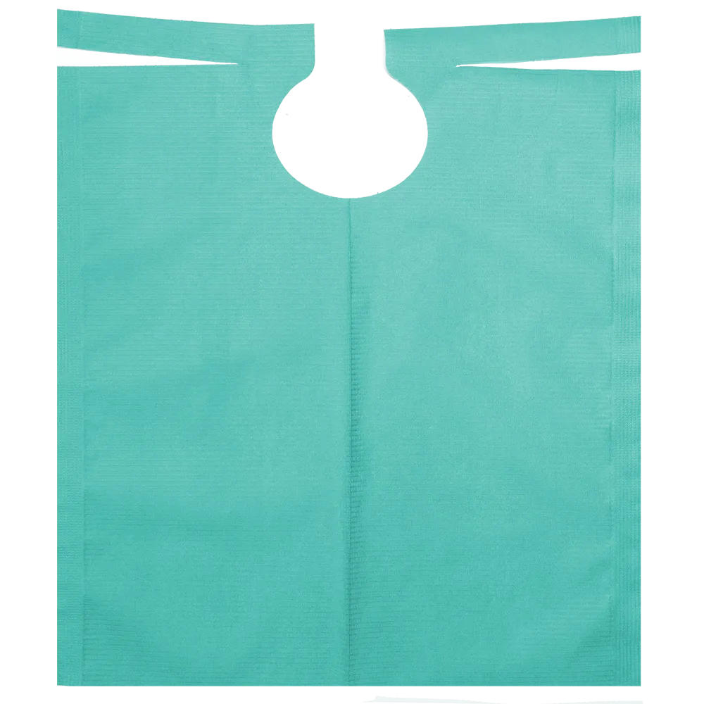A turquoise AMPri patient gown with a rounded neckline, PE coating, and two straps for secure fastening is perfect for dental treatments.