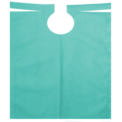A turquoise AMPri patient gown with a rounded neckline, PE coating, and two straps for secure fastening is perfect for dental treatments.