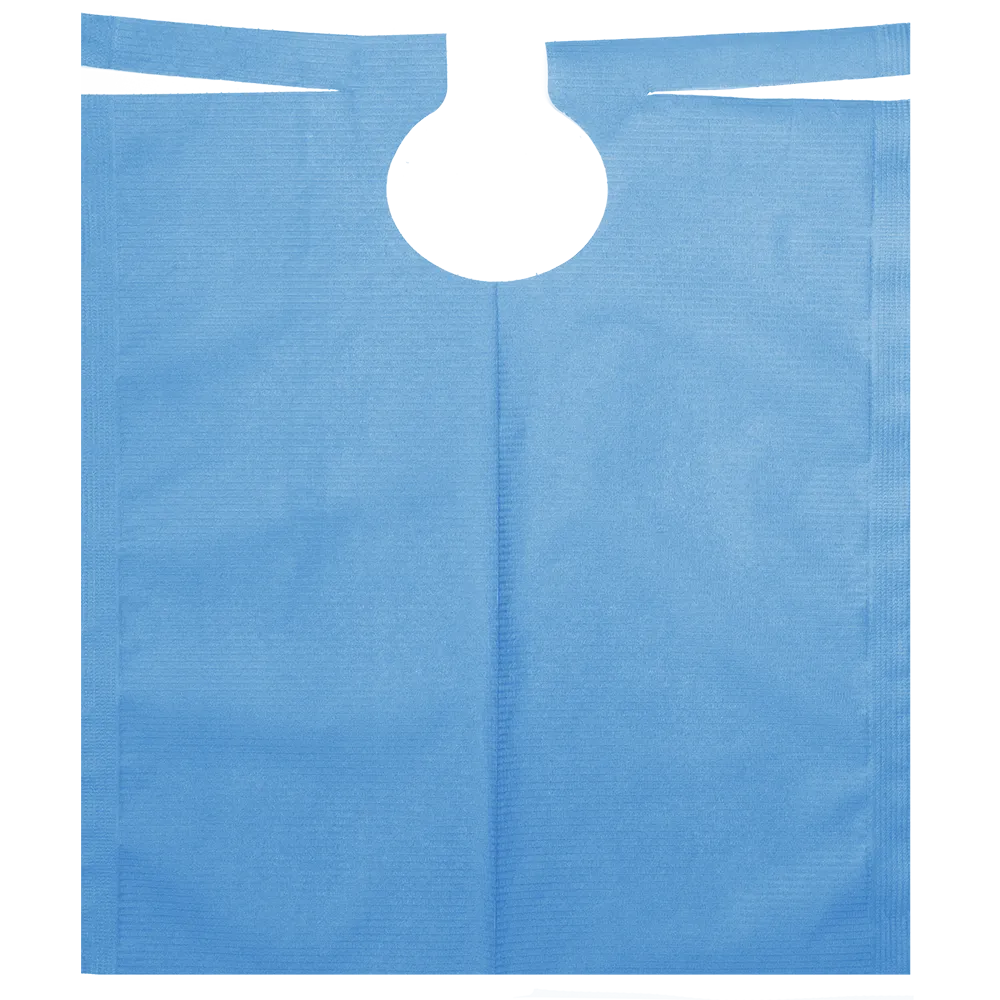 A blue AMPri patient gown with PE coating, measuring 500 x 600 mm, lies flat on a white background. It has a central, circular cutout near the top that resembles a bib or protective cover and is designed for practical and comfortable use during dental procedures. This product is available in various colors and is supplied by AMPri Handelsgesellschaft mbH on a roll of 80 pieces.
