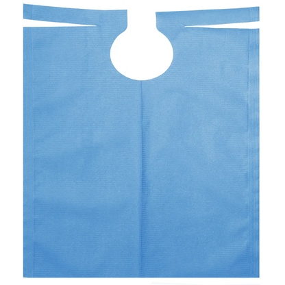 A blue AMPri patient gown with PE coating, measuring 500 x 600 mm, lies flat on a white background. It has a central, circular cutout near the top that resembles a bib or protective cover and is designed for practical and comfortable use during dental procedures. This product is available in various colors and is supplied by AMPri Handelsgesellschaft mbH on a roll of 80 pieces.